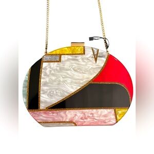 Zara Geometric Pearl Multicolor Clutch Bag with Gold Link Strap